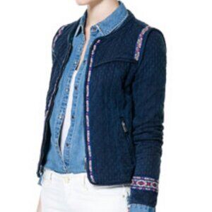 ZARA Quilted Indigo Chambray Fitted Jacket Folklore Embroidered Trim Size Small
